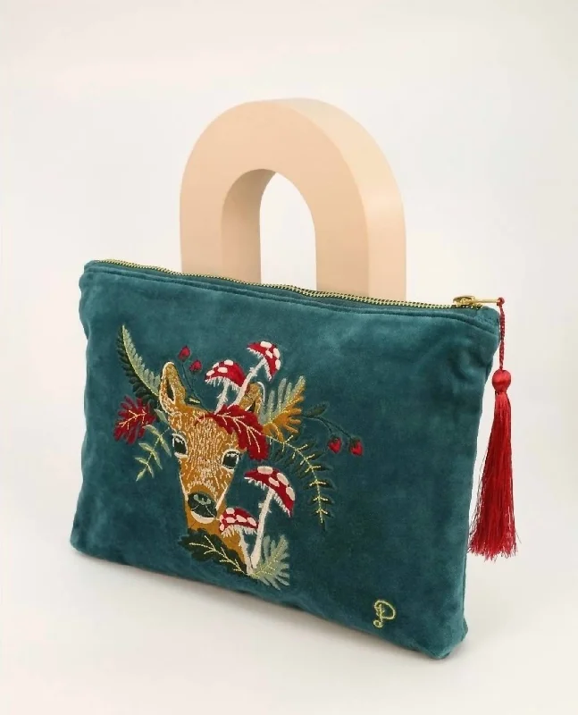 Wallets with firm lining-Doe With Toadstools Velvet Zip Pouch In Teal