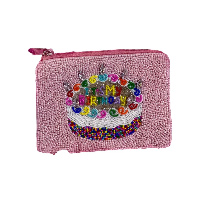 Wallets for hip carry-It's My Birthday Seed Bead Coin Pouch In Pink