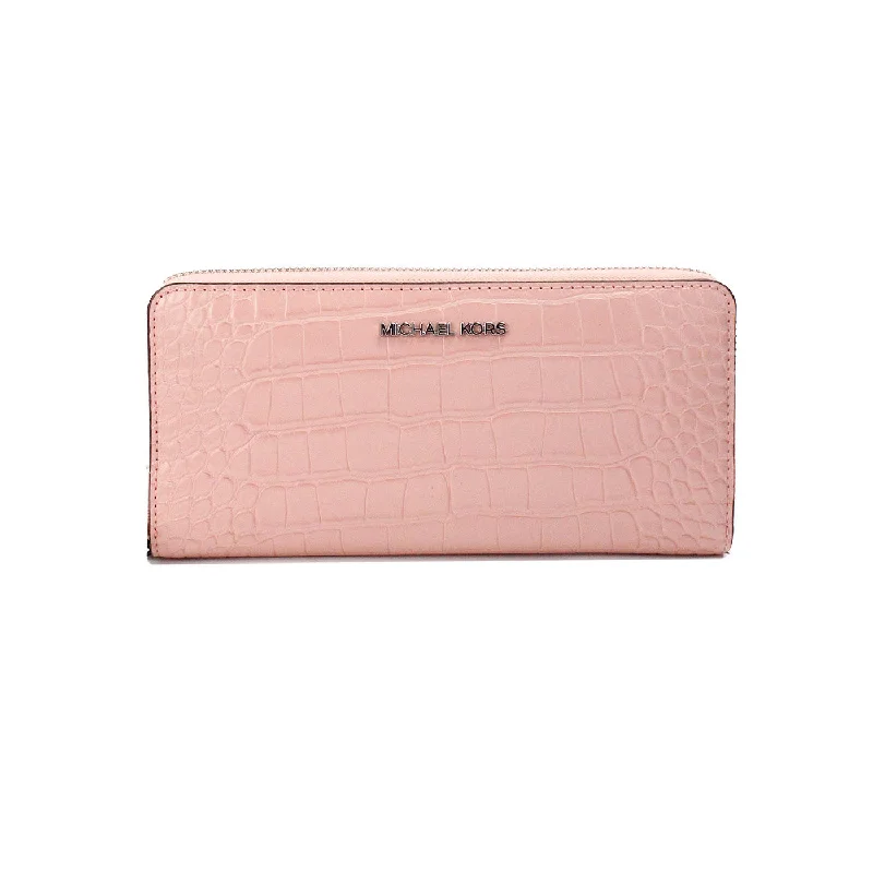 Wallets with cool designs-Michael Kors Jet Set Large pink Animal Print Leather Continental Wrist Women's Wallet