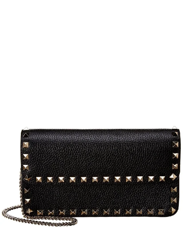 Wallets for party men-Valentino Rockstud Grainy Leather Wallet On Chain