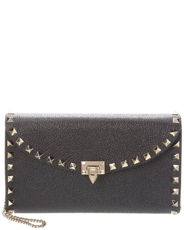 Wallets with odd leather-Valentino Rockstud Grainy Leather Wallet On Chain