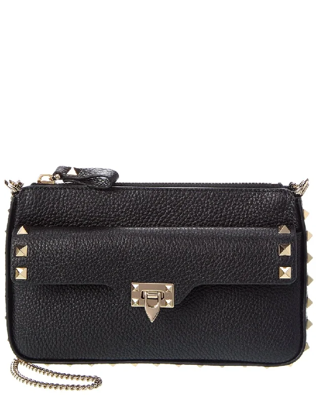 Wallets for elite vibes-Valentino Rockstud Grainy Leather Wallet On Chain