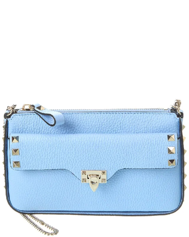 Wallets with soft leather-Valentino Rockstud Grainy Leather Wallet On Chain