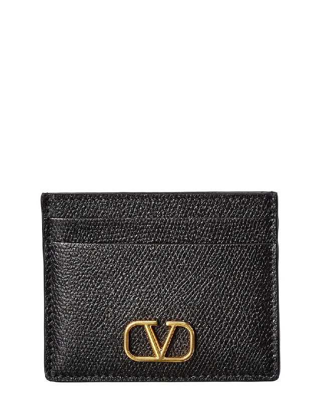 Wallets with firm stitching-Valentino VLogo Signature Grainy Leather Card Holder