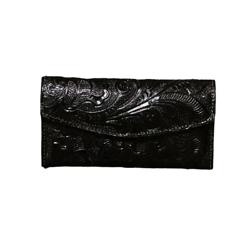 Wallets for town travel-Women's Tri Fold Tooled Leather Wallet In Black