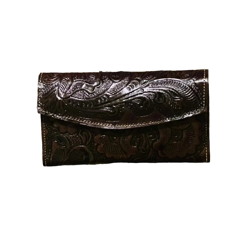 Wallets with added organizer-Women's Tri Fold Tooled Leather Wallet In Brown