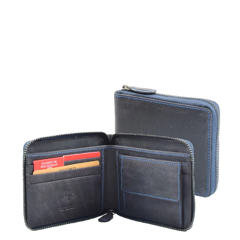 Keychains for rapid adventures-Mens Real Leather Hunter Zip Oiled Leather Wallet RFID HOL2207 Blue