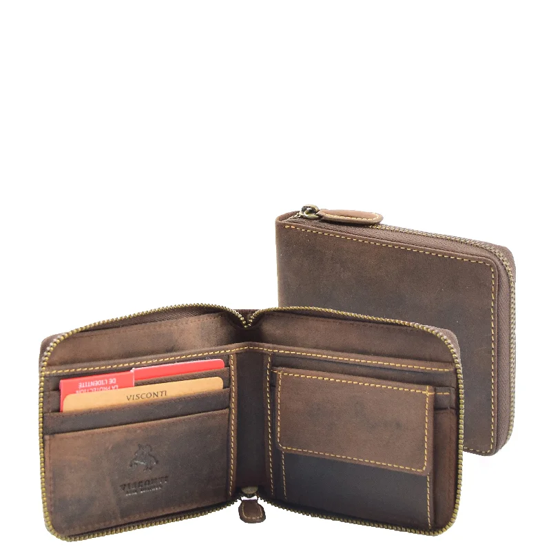 Keychains with odd strap-Mens Real Leather Hunter Zip Oiled Leather Wallet RFID HOL2207 Brown