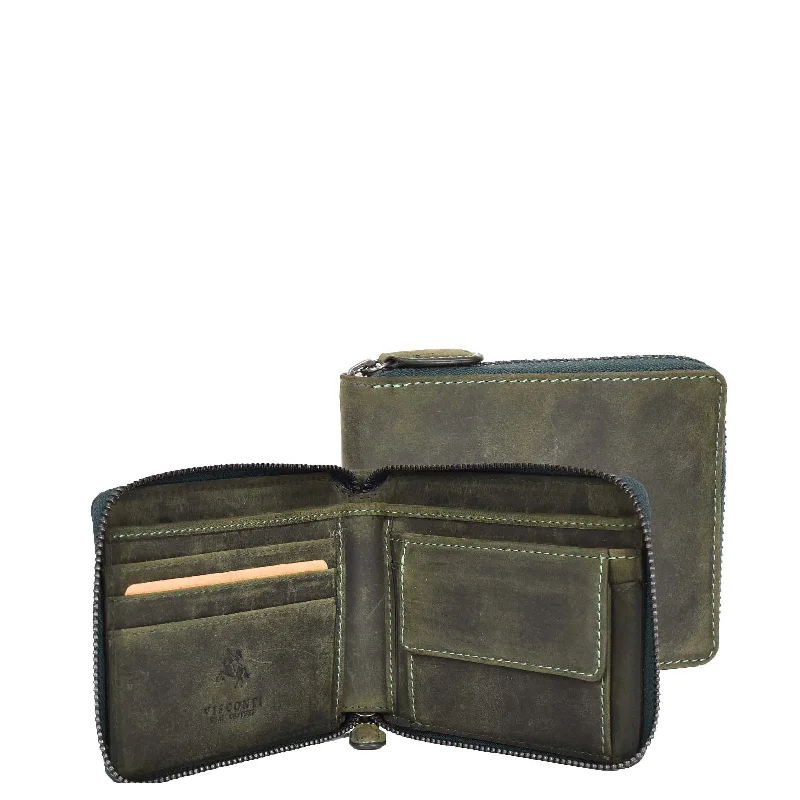 Wallets with tough pockets-Mens Real Leather Hunter Zip Oiled Leather Wallet RFID HOL2207 Green