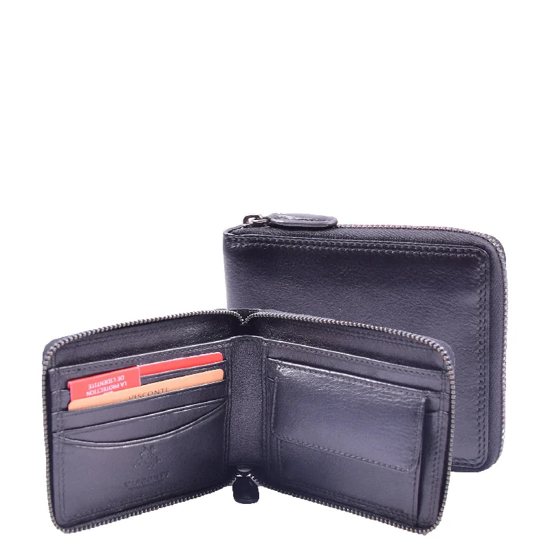 Wallets with safe ID rack-Mens Real Leather Zip Round Wallet RFID HOL414 Black