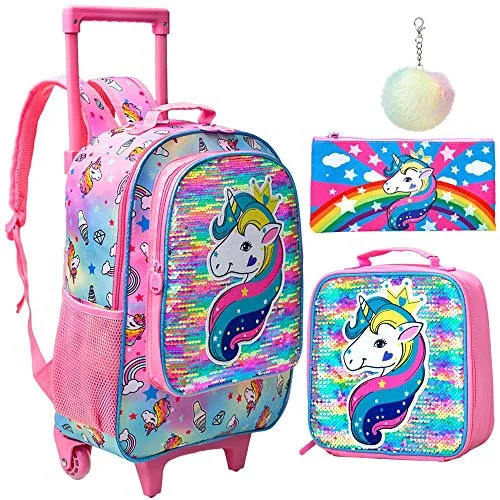 Lightweight backpacks for quick trips4PCS Rolling Backpack for Girls, Wheeled Kids Unicorn Bookbag