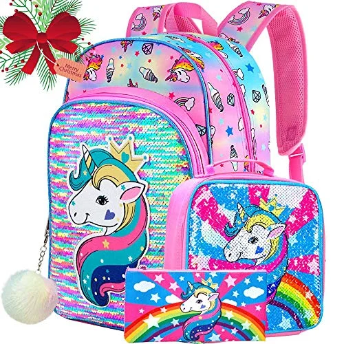 Lightweight backpacks for urban travelers4PCS Unicorn Backpack for Girls, 16" Sequin Kids Bookbag and Lunch Box