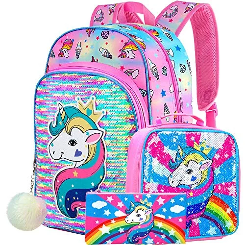 Backpacks for carrying workout gear4PCS Unicorn Backpack for Girls, Sequin Prechool Bookbag and Lunch Box