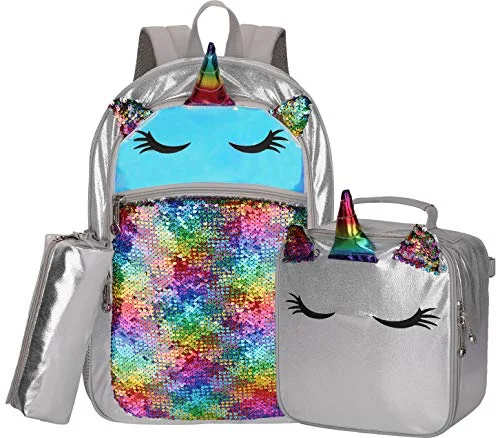 Small backpacks with adjustable strapsBackpack for Girls Unicorn Magic Glitter Sequin School Bag with Lunch Box Girls Backpack Set for Elementary Preschool Bookbag