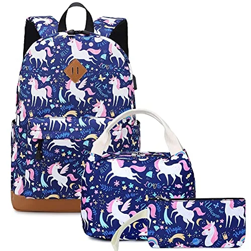 Designer backpacks for casual outingsBackpacks for Girls Cute Unicorn School Bags Lightweight for 7+ years old Kids School Bags Backpack with Lunch Box and Pencil Case (Blue-Unicorn)