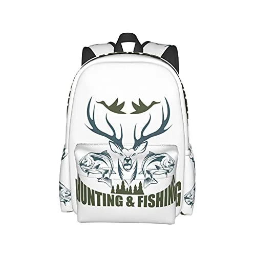 Backpacks with water-resistant zippersBAIW School Backpacks 16.9 Inch Print Design Student Bookbags Laptop Casual Rucksack（ Artistic Animals Emblem Moose Head Horns Trout Salmon Sea Fishes ）