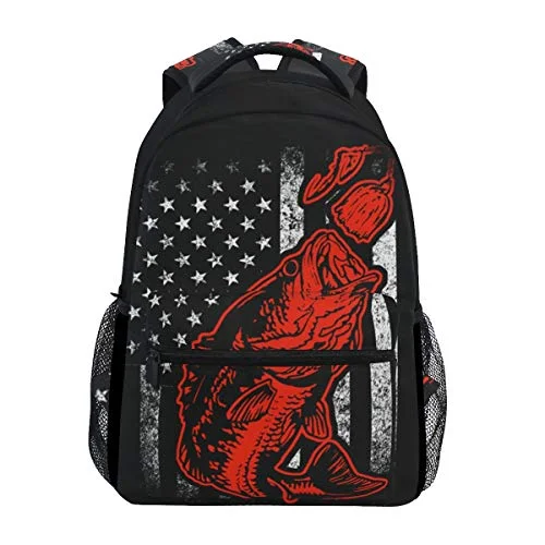 Casual backpacks for light travelBass Fishing Lure And American Flag Casual Backpack Bag, Fashion Lightweight Backpacks for Children's Gifts