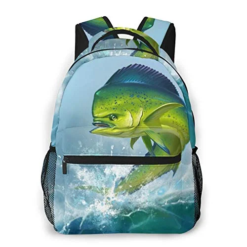 Sling-style backpacks for casual wearDAOPUDA Leisure Travel Backpack For Women Men Kids,Green Ocean Mahi Dolphin Fish On Blue Dorado Fishing Saltwater