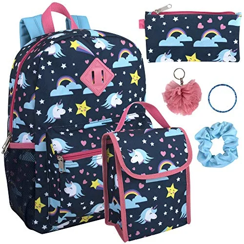 Best backpacks for minimalistsGirl's 6 in 1 Backpack Set With Lunch Bag, Pencil Case, Bottle, Keychain, Clip