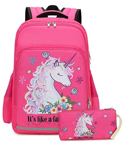 Backpacks for long-term storageGirls Backpack Elementary Kids Fairy Bookbag Girly School bag Children Pencil Bag (Rosy - Fairy tale unicorn 2pcs)