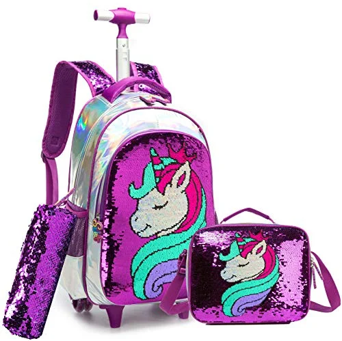 Hiking backpacks with air-mesh back panelGirls Rolling Backpack Kids Backpacks with Wheels Backpack for Girls for School with Lunch Box Unicorn Reversible Sequin School Bags