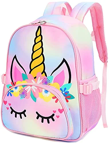 Adventure backpacks for overnight hiking tripsKids Backpack Girls School Backpack Unicorn Preschool Kindergarten BookBag with Chest clip (Tie Dye headband unicorn)