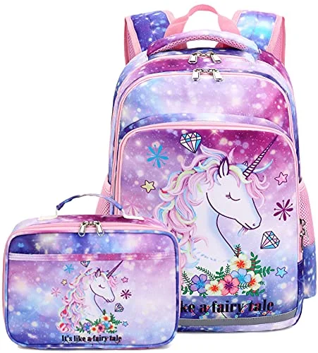 Backpacks with heavy-duty zippersKids School Backpack with Lunch Box for Girls Bookbag School Bag Preschool Kindergarten Toddler Backpack Tie Dye (Purple Starry Sky)