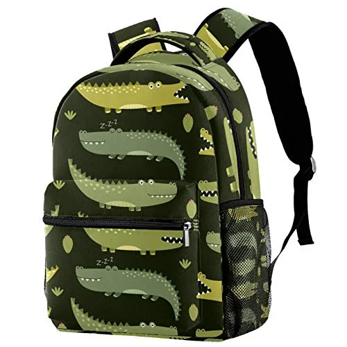 Small stylish backpacks for everyday fashionKids School Backpacks Cute Green Gator Crocodile Pattern 16 IN Student Bookbag Small Daypack for Preschool,Kindergarten,Elementary School