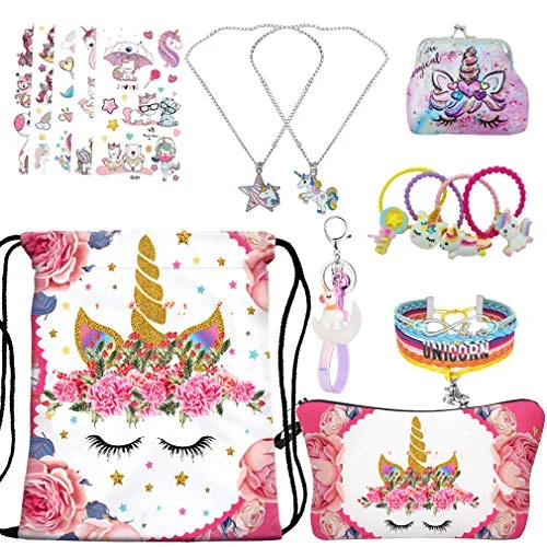 Backpack with multiple interior compartmentsRLGPBON Unicorn Gifts for Girl Drawstring Backpack/Makeup Bag/Unicorn Pendant Necklace/Bracelet/Hair Ties