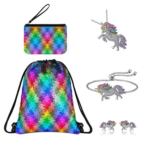 Trendy backpacks for traveling lightSegorts Unicorn Gifts for Girls Mermaid Drawstring Bag Dance Gym Backpacks Unicorn Bracelet/Necklace/Earring