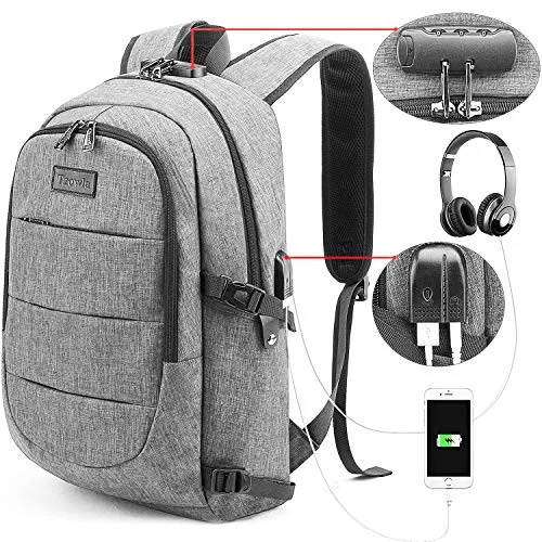 Backpacks with a built-in chargerTzowla Travel Laptop Backpack,Slim Durable Water Resistant Anti-Theft Bag with USB Charging/Headphone Port and Lock 15.6 Inch Computer Business Gift for Women Men College School Bookbag-Grey