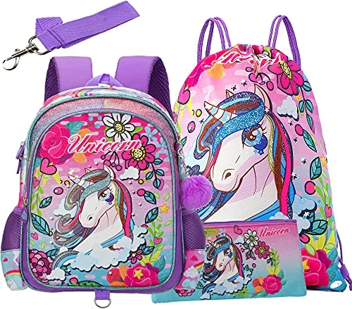 Travel backpacks for urban explorersUnicorn 13inch 5 in 1 Backpack for Girls Preschool Backpacks for Toddler Girls Small Kindergarten Bookbag for Little Girls Kids 3-5 with Drawstring Bag Birthday Gift