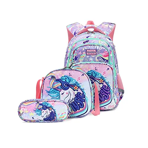 Travel backpacks with padded back panelUnicorn Backpack for Girls, Kids School Backpack with Insulated Lunch Box, 16 Inch Preschool Backpack Matching Lunch Box Pencile Case, Primary Elementary Kindergarten BookBag Set - Purple