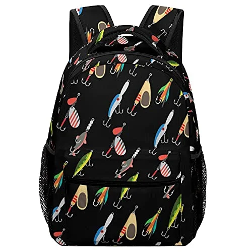 Adventure backpacks with multiple storage pocketsVintage Fishing Fish Lure Style Black Backpack Boy School Bag Sackpack For Student Fashion Adjustable Bookbag With Umbrella Water Cup Pocket Lightweight Cool