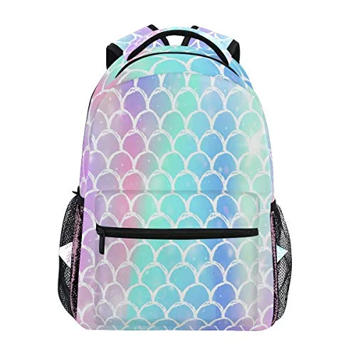 Backpack with padded handle for easy carryingWamika Colorful Mermaid Scale Backpacks for Girls Women, Rainbow Marble Galaxy Computer Laptop Backpack, Fish Scales Kid’s School Book Bag, Casual Travel Camping Daypack