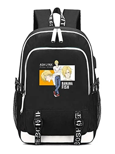 Professional backpacks for office useWothe Unisex Anime banana fish Backpack USB with Charging Port Student School Bag Laptop Cosplay Bag (Black 5)