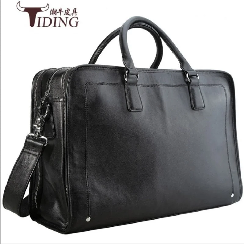 stylish leather briefcase with gold-tone hardware accents -17" Laptop Business Briefcase Bags Cow Leather Man 2019 Black Large Capacity Travel Handbag