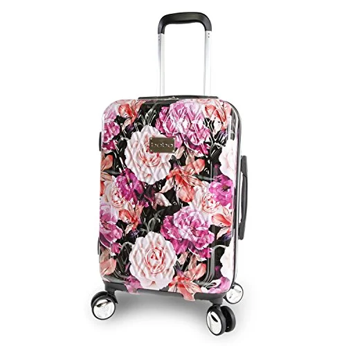 suitcase with built-in garment bag-Bebe Women'S Marie 21" Hardside Carry-On Spinner Luggage, Black Floral Print