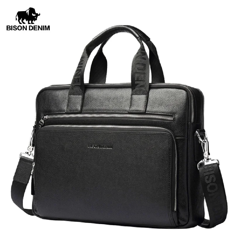 professional leather briefcase with smooth zipper closures -Bison Denim Genuine Leather Briefcases 14" Laptop Handbag Men'S Business Crossbody Bag