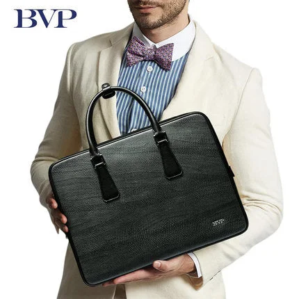 briefcase with foldable design for easy storage when not in use -Bvp Brand High Quality Genuine Leather Men Portable Briefcase 14 Inch Laptop Messenger Bag Business