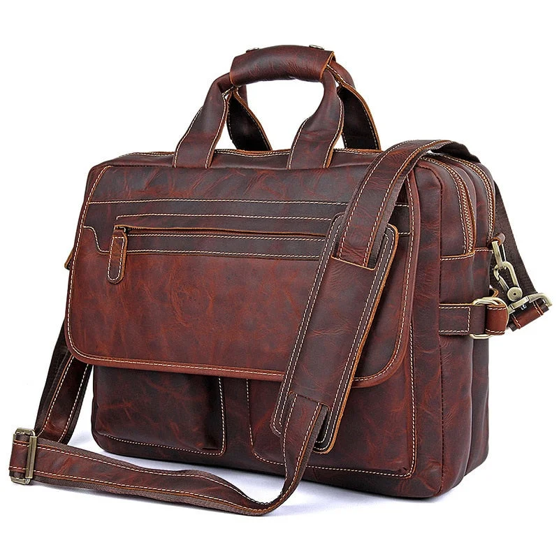 lightweight briefcase with durable zippers and handles -Classic Vintage Men'S Genuine Leather Cowhide Real Leather Briefcase Messenger Shoulder Bag