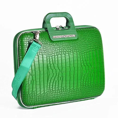 briefcase with leather finish and metal accents -Cocco Bombata Siena Briefcase For 13 Inches - Emerald Green