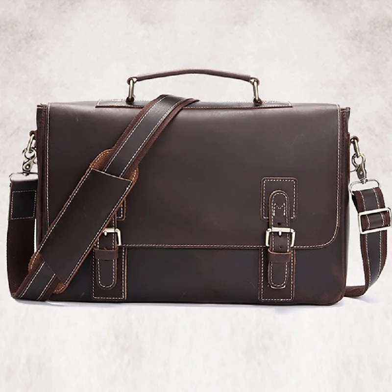 classic leather briefcase for professional and casual use -Crazy Horse Cowhide Genuine Leather Men Briefcase Computer Business Shoulder Bag Vintage