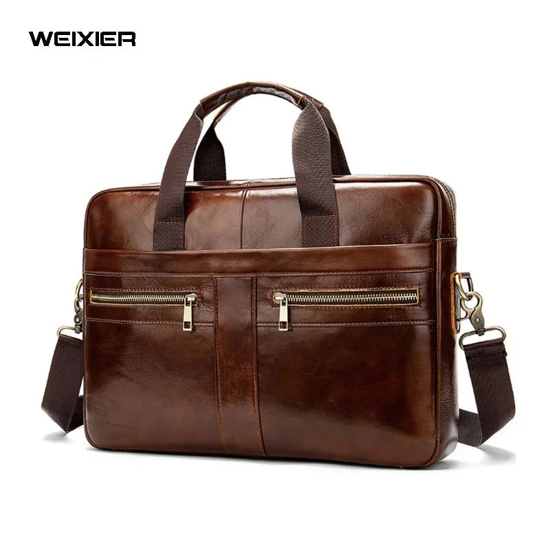 durable briefcase with reinforced base -Cross-border Men's Briefcase Genuine Leather Men's Bag Business Bag 14 Inch Computer Bag Men's Portable Shoulder Business