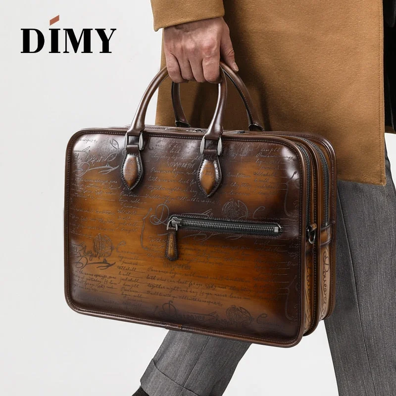 eco-friendly leather briefcase made with vegetable tanning process -Dimy Hand Patina Leather Messenger Bag Dutch Calfskin Men'S Briefcases Business Double Zipper