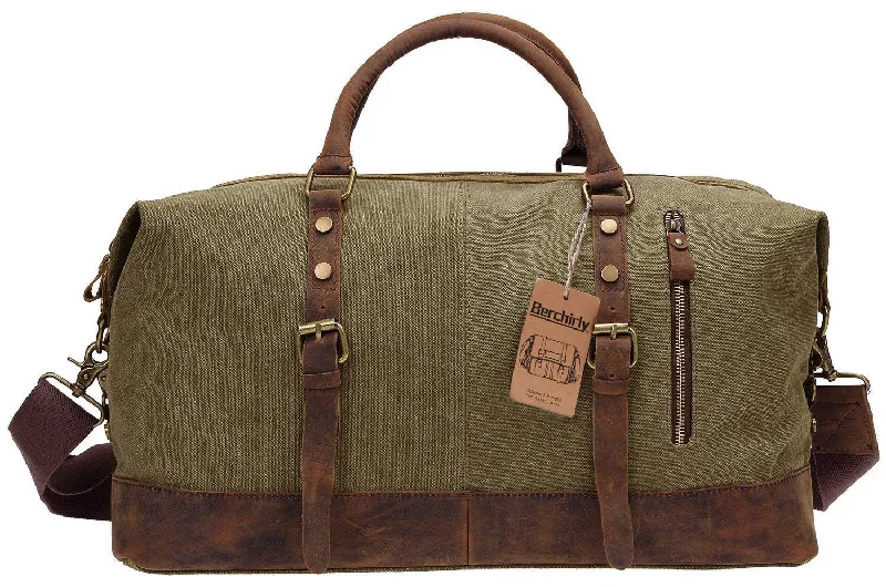 suitcase for multiple packing configurations-Duffel Bag, Berchirly 21" Large Canvas Leather Travel Sports Gym Bag Toiletry Bag Shoulder Carryon Luggage for Men Women - Army Green