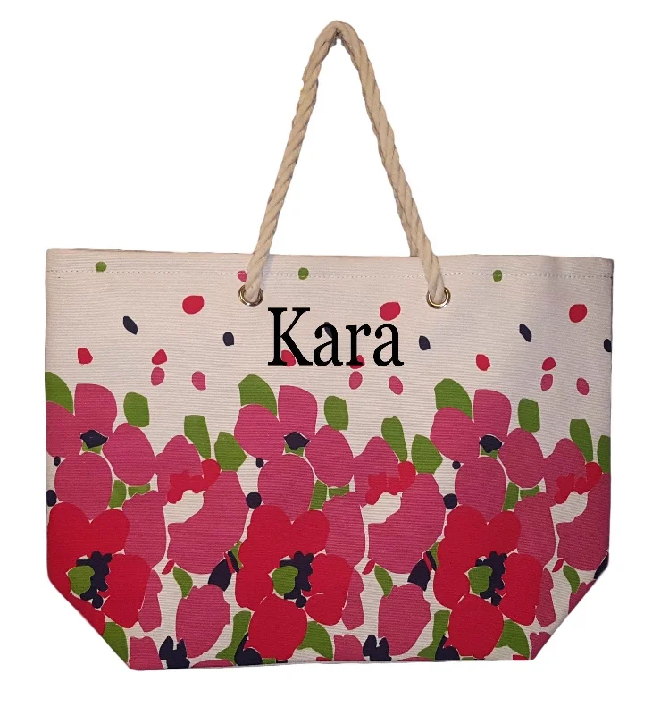 suitcase with adjustable capacity-Floral Design Beach Bag by Karen Keith - Personalization Available (Embroidered Name - Pink)