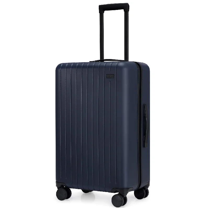 suitcase with retractable zippered pockets-GoPenguin Hardside Luggage with Spinner Wheels, Medium 26 Inch Rolling Checked Suitcase PC Lightweight Blue