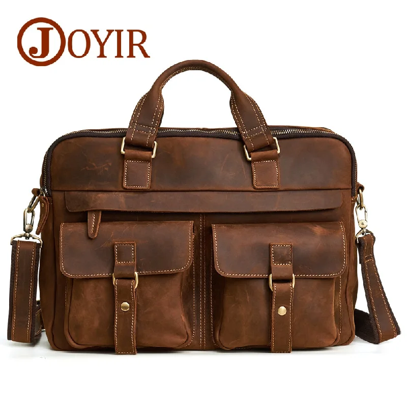 durable briefcase with waterproof compartments for protection -Joyir Men Briefcase Real Crazy Horse Leather Messenger 15" Laptop Bag Business Briefcase Bags For