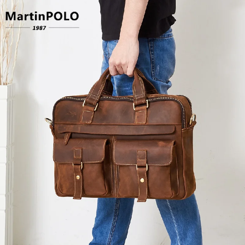 sleek briefcase with modern zippered pocket organization -Laptop Handbag Men Genuine Leather Business Briefcase Male Retro Casual Computer Shoulder Bag